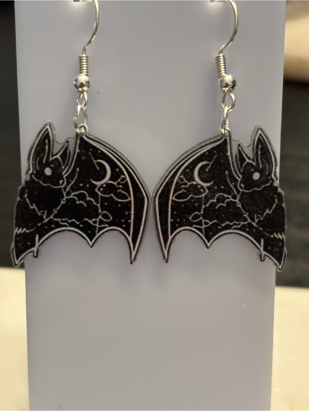 Title: Bat Night Sky Acrylic Dangle Earrings | Black Bat With Crescent Moon and